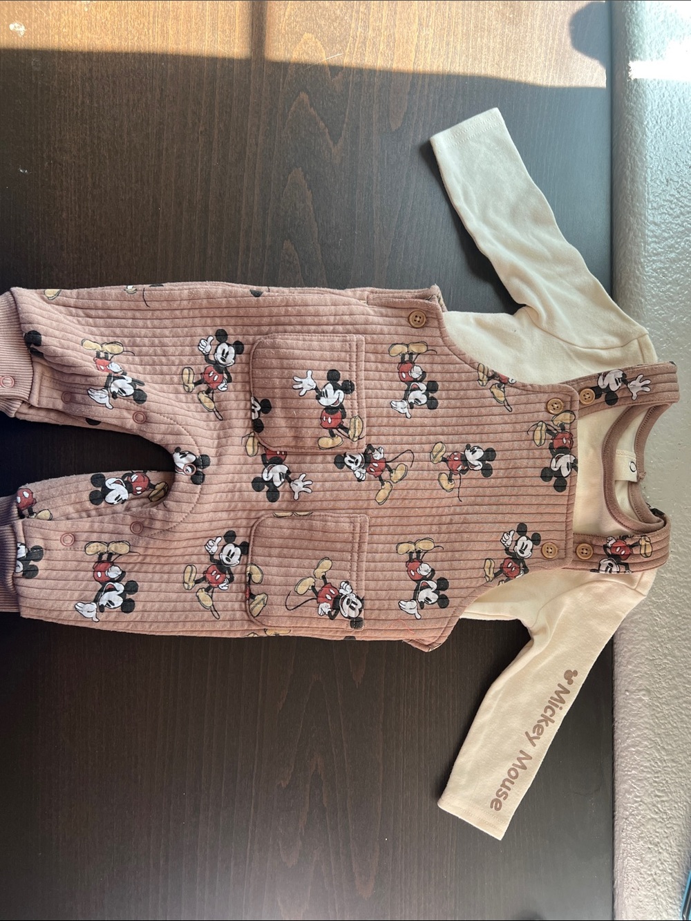 Disney Baby Brown Quilted Mickey Print Overalls with Cream Top